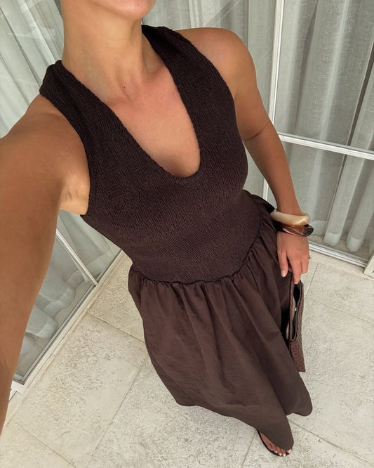 Resin bangle and brown halter dress